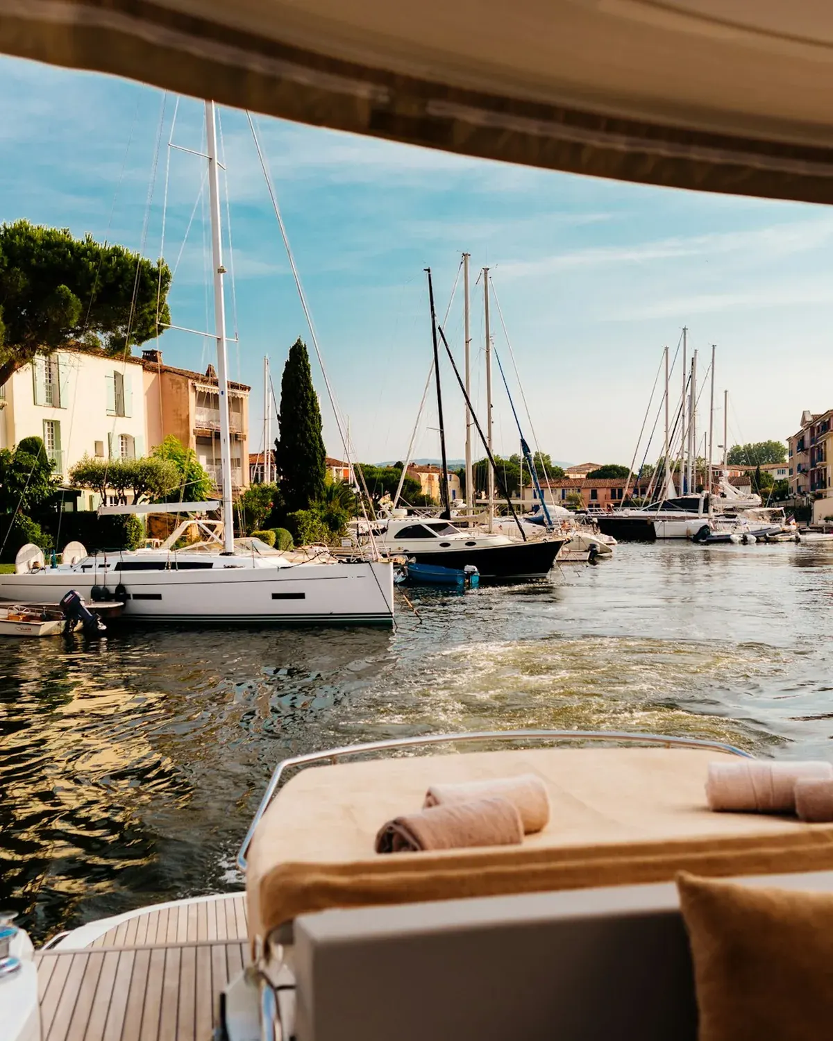 The deck of a yacht moored in the Mediterranean